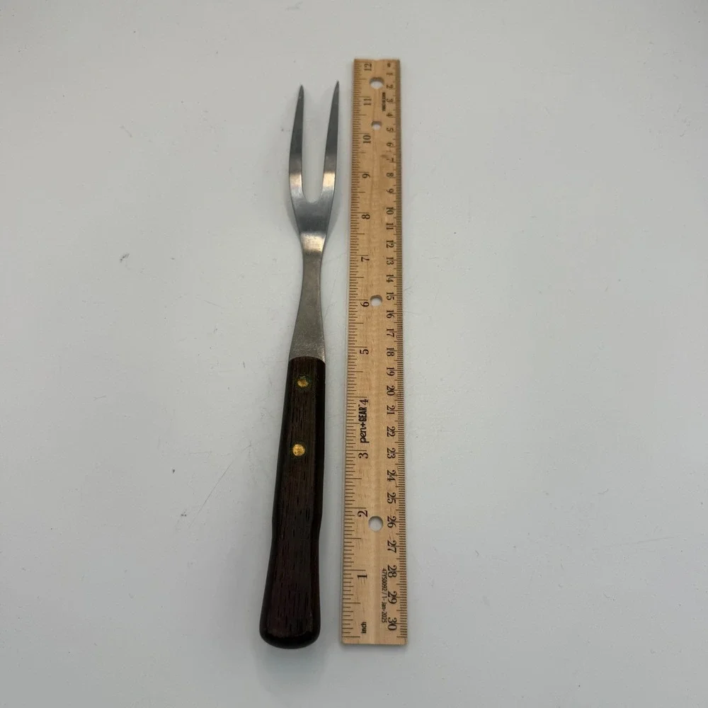 Vintage Flint USA Stainless Steel Carving Fork Wood Handle Arrowhead Logo 11.5in